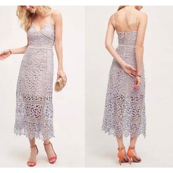 Anthropologie Dresses & Skirts - Anthropologie HD In Paris Lace Midi Dress V Neck Spaghetti Straps Grey Pink Colo